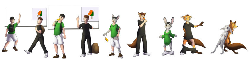 absurd_res anthro backpack breasts canid canine clothing confusion disney duo eating female food fox gender_transformation grey_body hi_res human human_to_anthro judy_hopps lagomorph leporid long_image male mammal mtf_transformation nick_wilde nude orange_body popsicle rabbit sequence shrinking simple_background smile species_transformation tf_into_fictional_character tomek1000 transformation white_background wide_image zootipia zootopia