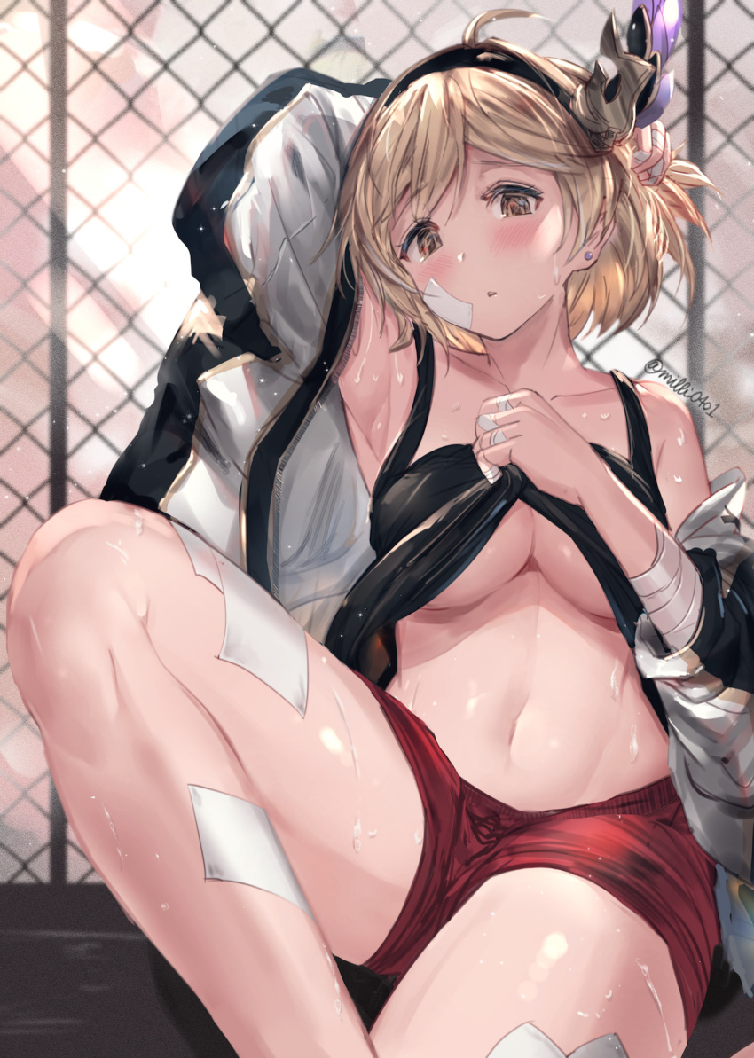 1girl ahoge arm_up armpits bandaged_arm bandages bandaid bandaid_on_face bandaid_on_leg bangs bare_legs bare_shoulders black_hairband blonde_hair blush breasts brown_eyes chain-link_fence collarbone commentary_request djeeta_(granblue_fantasy) earrings feet_out_of_frame fence granblue_fantasy hair_ornament hairband highres jacket jewelry knee_up medium_breasts milli_little off_shoulder open_clothes open_jacket outdoors parted_lips red_shorts short_hair short_shorts shorts sitting solo stud_earrings sweat swept_bangs tank_top tank_top_lift twitter_username underboob white_jacket