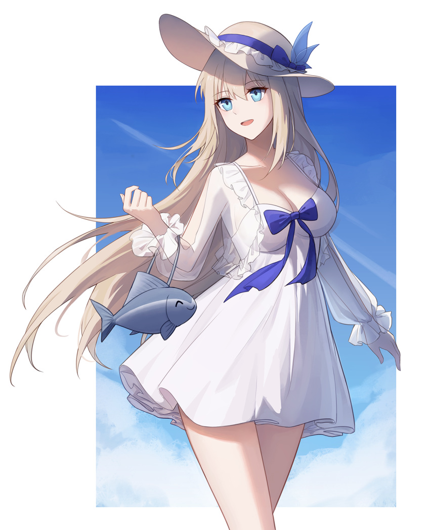 1girl :d ain_(3990473) aqua_eyes bag bangs blonde_hair blue_ribbon blue_sky breasts brown_headwear cleavage collarbone cowboy_shot cropped_jacket dress eyebrows_visible_through_hair fish frilled_jacket frilled_sleeves frills hair_ribbon hat hat_feather highres jacket lexington_(warship_girls_r) long_hair long_sleeves looking_away looking_to_the_side medium_breasts open_clothes open_jacket open_mouth outside_border ribbon see-through sky smile solo strapless strapless_dress sun_hat very_long_hair warship_girls_r white_dress