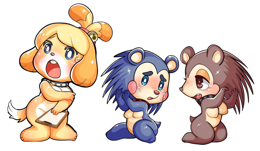 2019 accessory animal_crossing anthro black_nose blue_body blue_collar blue_eyes blue_fur blush blush_stickers bodily_fluids breasts brown_body brown_eyes brown_fur brown_nose canid canine canis clipboard collar countershade_face countershading covering covering_breasts covering_crotch covering_self domestic_dog embarrassed eulipotyphlan eyelashes fangs featureless_breasts female floppy_ears fur group hair_accessory hair_bell hair_tie hedgehog hi_res isabelle_(animal_crossing) kneeling lidded_eyes mabel_able mammal muzzle_(marking) neckwear nintendo nude open_mouth red_collar sable_able shih_tzu simple_background solo sweat sweatdrop tan_countershading tan_inner_ear tears teeth toy_dog uyu video_games white_background white_body white_collar white_countershading white_fur yellow_body yellow_fur