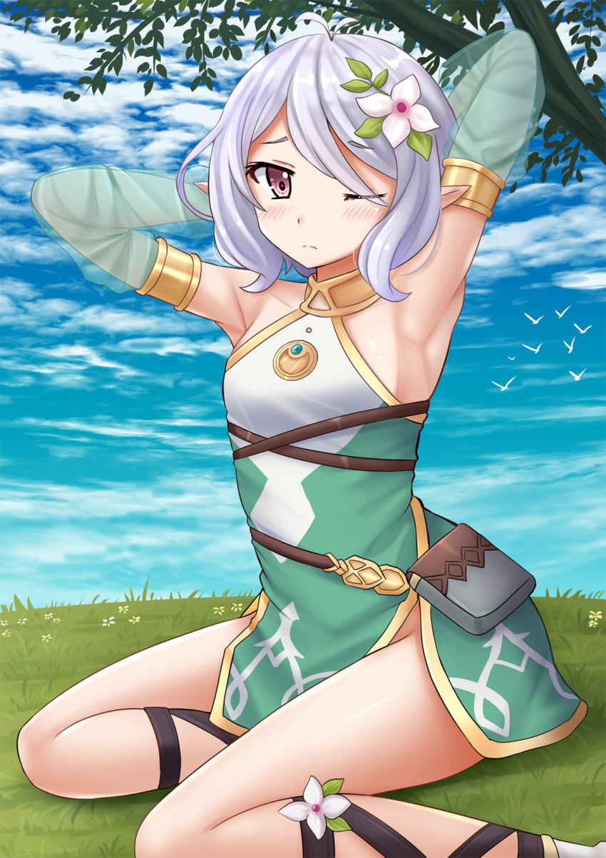 1girl antenna_hair armpits arms_behind_head arms_up bare_shoulders blue_sky blush breasts brown_eyes closed_mouth cloud cloudy_sky commentary day detached_sleeves dress eyes_visible_through_hair flower green_sleeves hair_flower hair_ornament hair_over_one_eye highres kazenokaze kokkoro_(princess_connect!) long_sleeves one_eye_closed outdoors princess_connect! princess_connect!_re:dive puffy_long_sleeves puffy_sleeves see-through see-through_sleeves short_hair silver_hair sitting sky sleeveless sleeveless_dress small_breasts solo tree_branch white_dress white_flower yokozuwari