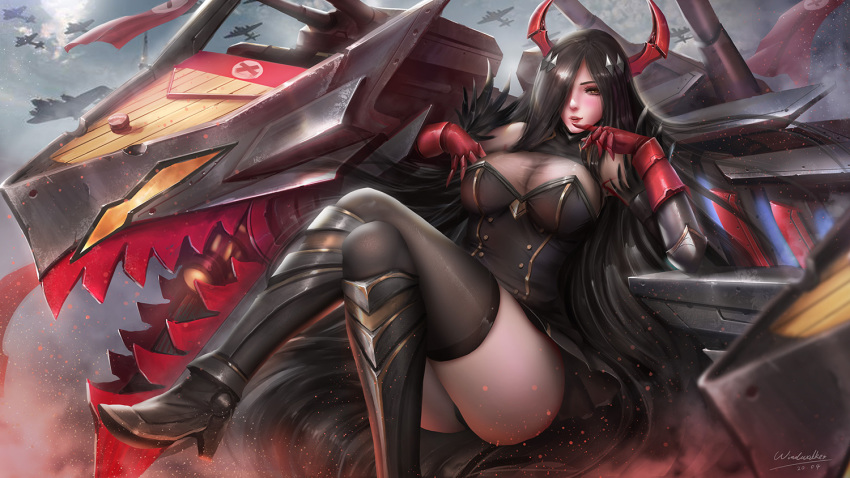 1girl aircraft airplane azur_lane bangs bare_shoulders black_hair black_legwear blush breasts brown_eyes cleavage dress eyebrows_visible_through_hair friedrich_der_grosse_(azur_lane) gloves grey_sky hair_over_one_eye horn_ornament horns kaze_no_gyouja large_breasts long_hair looking_at_viewer mechanical_horns monster red_gloves red_horns smile solo thighhighs turret very_long_hair