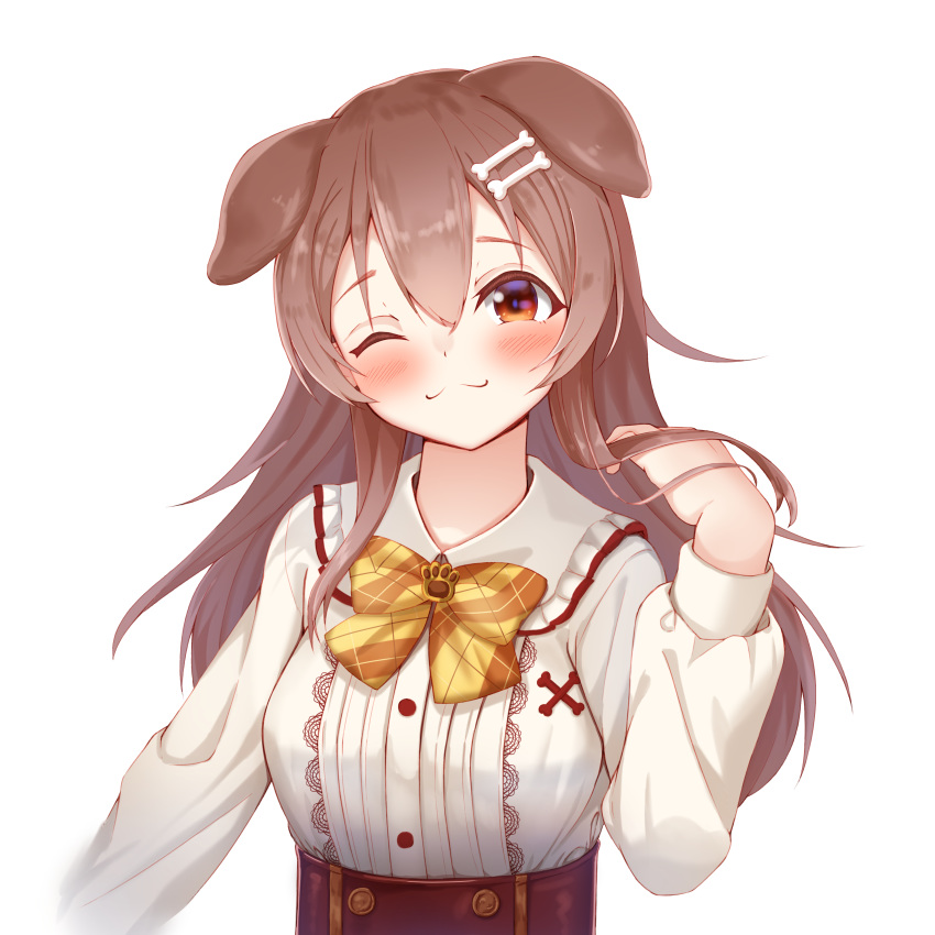 1girl :3 absurdres animal_ears bangs blush bone_hair_ornament bow breasts brown_eyes brown_hair commentary_request dog_ears dog_girl hair_between_eyes hair_ornament highres hololive inugami_korone long_hair long_sleeves looking_at_viewer nyoon one_eye_closed orange_bow simple_background smile solo virtual_youtuber white_background