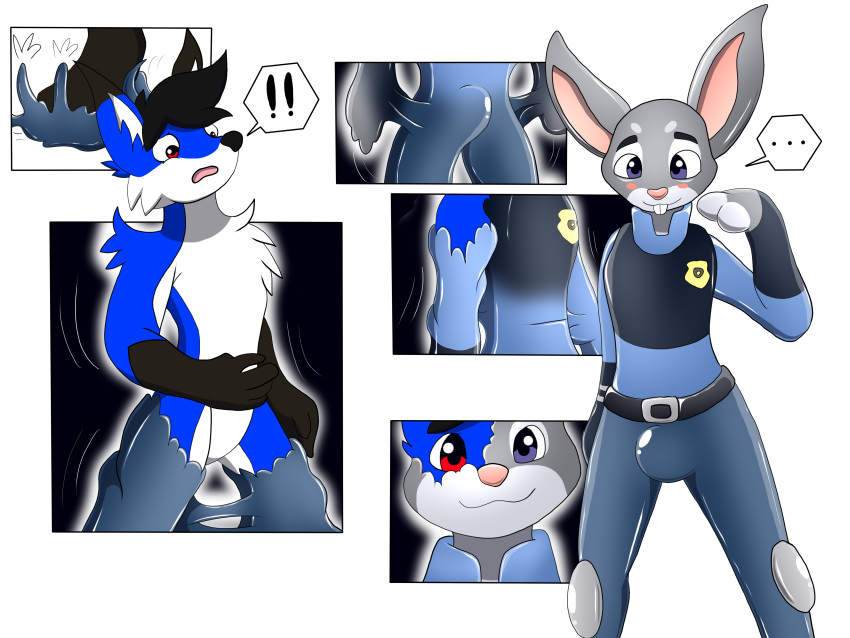 ! ... 4:3 absurd_res anthro avianine black_hair blue_body blush bulge canid canine confusion crossgender disney fan_character fox goo_transformation grey_body hair hi_res judy_hopps lagomorph leporid male mammal purple_eyes rabbit red_eyes teeth text tf_into_fictional_character transformation zootopia