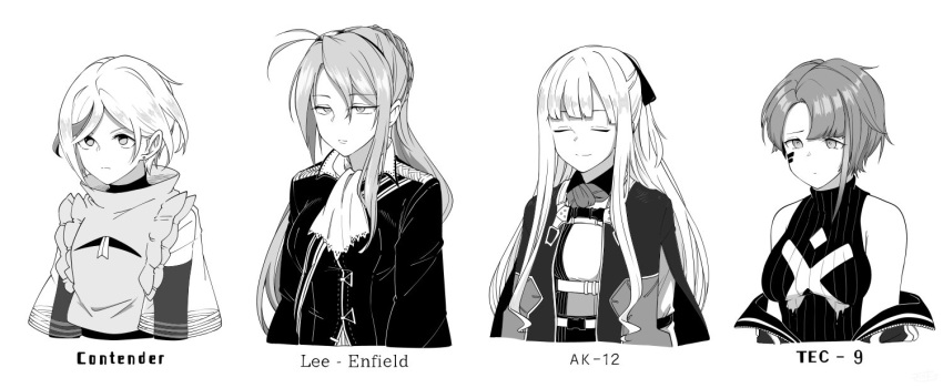 4girls ak-12_(girls_frontline) asymmetrical_bangs asymmetrical_hair bangs braid breasts character_name closed_eyes closed_mouth coat contender_(girls_frontline) facial_mark fujinoki_(horonabe-ken) girls_frontline greyscale hair_ribbon jacket jacket_on_shoulders lee-enfield_(girls_frontline) long_hair long_sleeves monochrome multiple_girls ribbon see-through see-through_sleeves short_hair simple_background sleeveless smile tec-9_(girls_frontline) upper_body