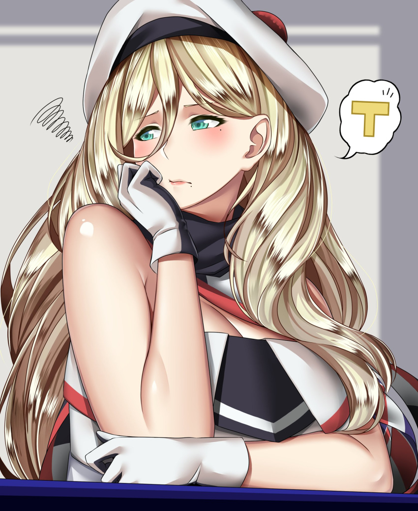 1boy 1girl bangs beret blonde_hair blue_eyes blush breasts chin_rest cleavage closed_mouth dress elbow_rest eyebrows_visible_through_hair gloves hair_between_eyes hat highres kantai_collection large_breasts lips long_hair mole mole_under_eye mole_under_mouth obei_teitoku pom_pom_(clothes) richelieu_(kantai_collection) scarf sleeveless sleeveless_dress squiggle t-head_admiral upper_body white_headwear