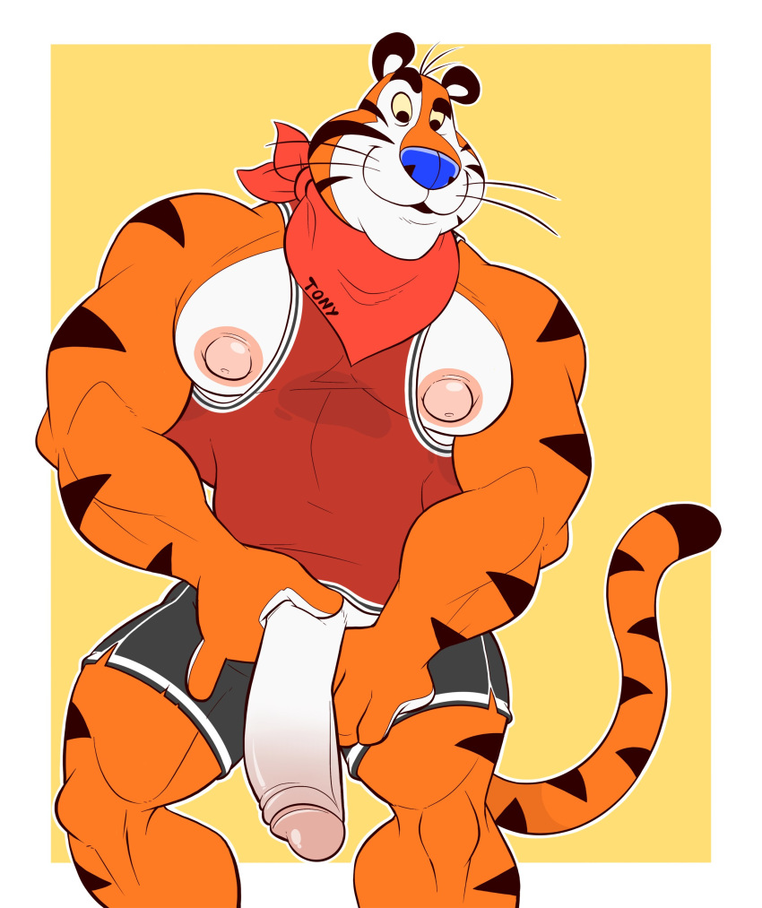 absurd_res anthro anti_dev blue_nose felid frosted_flakes genitals hi_res humanoid_genitalia humanoid_penis kellogg's male mammal mascot muscular muscular_male nipples pantherine pecs penis simple_background solo stripes tiger tony_the_tiger