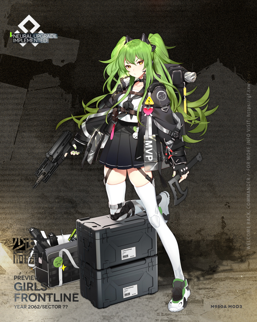 1girl artist_request axe bag bangs black_gloves black_jacket black_neckwear black_sailor_collar black_skirt breasts calico_m950 closed_mouth clothes_writing copyright_request fingerless_gloves full_body girls_frontline gloves green_hair green_nails gun handgun headgear heart highres holding holding_gun holding_weapon jacket leg_up long_hair long_sleeves m950a_(girls_frontline) medium_breasts mod3_(girls_frontline) nail_polish official_art pleated_skirt sailor_collar school_uniform serafuku shoes skirt sneakers solo standing standing_on_one_leg thighhighs two_side_up weapon white_legwear yellow_eyes