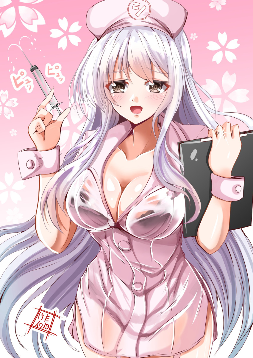 1girl absurdres alternate_costume artist_logo bra_through_clothes breasts brown_eyes cleavage clipboard collarbone commentary_request cowboy_shot dress floral_background hat highres kantai_collection kentan_(kingtaiki) large_breasts long_hair nurse nurse_cap pink_background pink_dress shoukaku_(kantai_collection) smile solo syringe white_hair wrist_cuffs