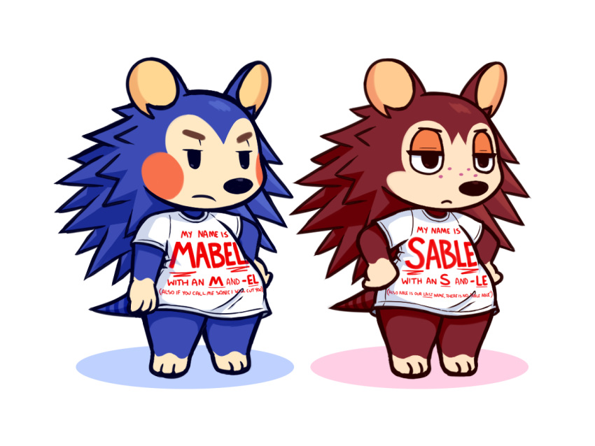 4:3 animal_crossing annoyed anthro blue_body blue_fur blush blush_stickers brown_body brown_fur clothed clothing darkacguy duo english_text eulipotyphlan female freckles fur hands_on_hips hedgehog humor mabel_able mammal nintendo oversized_shirt sable_able shirt simple_background spines tan_body tan_fur text the_more_you_know topwear video_games white_background