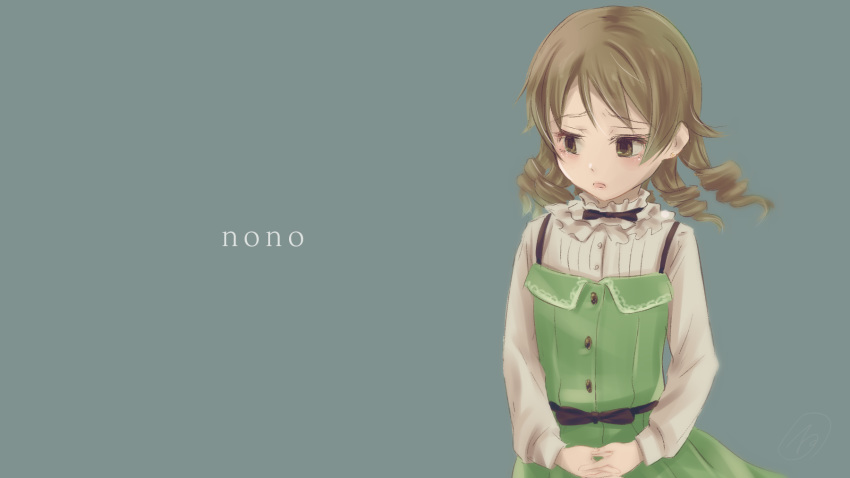 1girl :o blonde_hair blouse brown_eyes character_name dress eyebrows_visible_through_hair frilled_blouse green_background green_dress hands_clasped highres idolmaster idolmaster_cinderella_girls ishita_teru looking_down medium_hair morikubo_nono open_mouth own_hands_together pinafore_dress ribbon ringlets simple_background solo