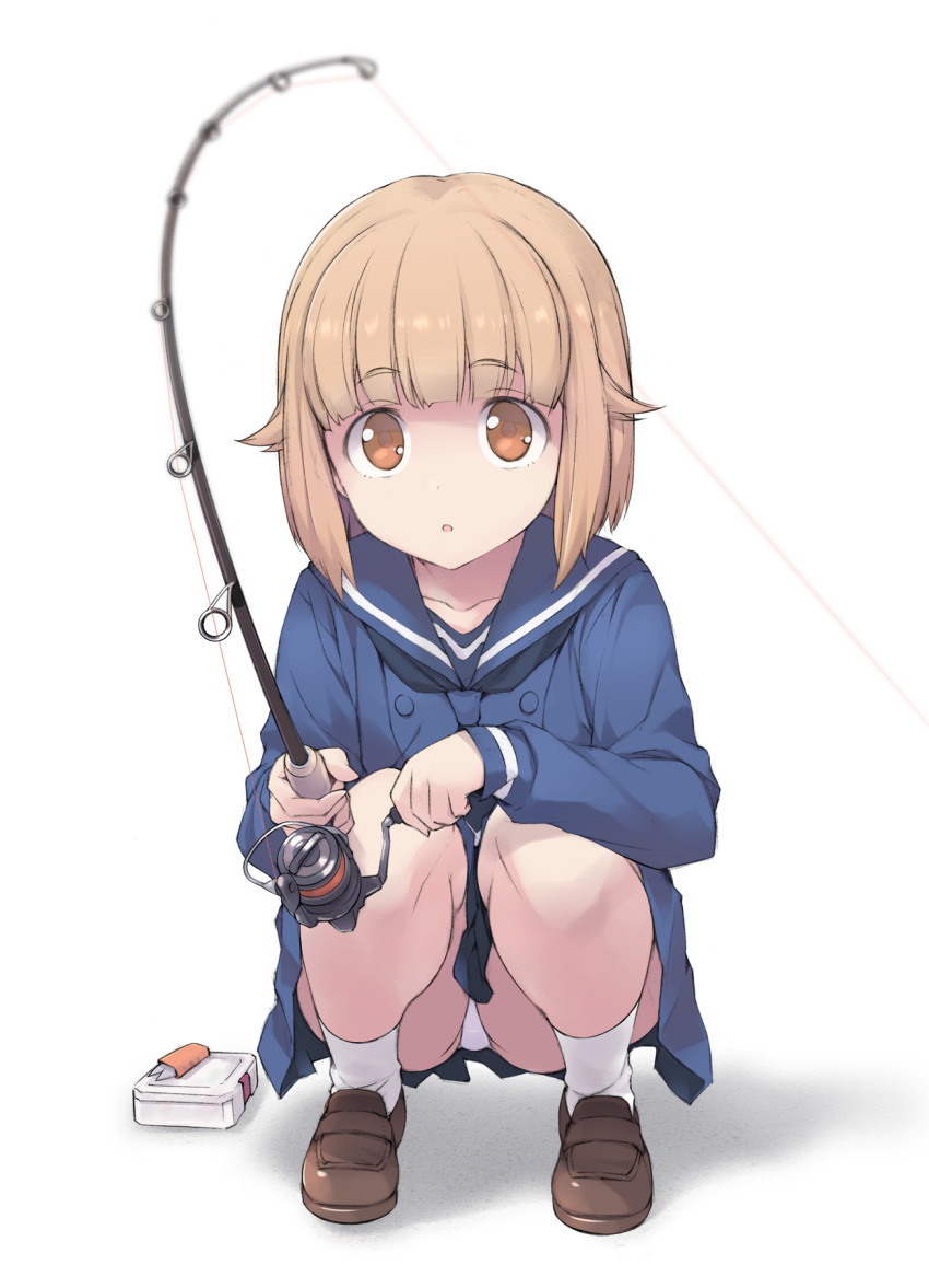 1girl blue_serafuku bob_cut brown_eyes brown_hair eyebrows_visible_through_hair fishing_line fishing_rod highres houkago_teibou_nisshi loafers long_sleeves looking_at_viewer miniskirt open_mouth panties pantyshot pantyshot_(squatting) sakana school_uniform serafuku shadow shoes short_hair simple_background skirt solo squatting tsurugi_hina underwear white_background