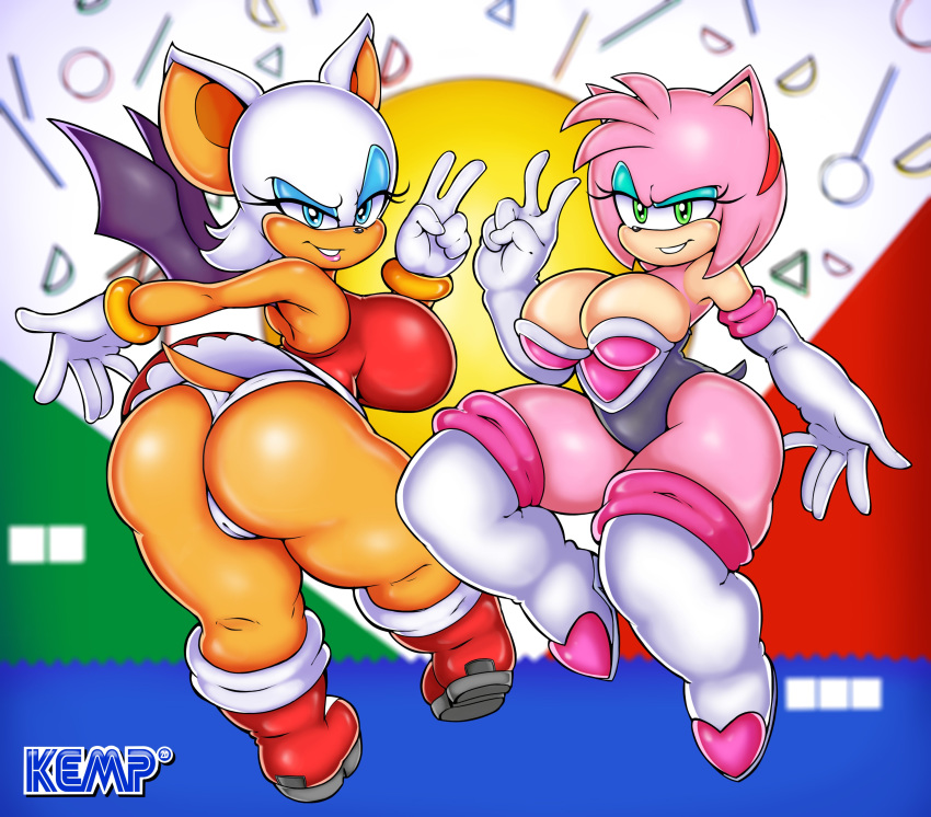 absurd_res amy_rose anthro big_breasts big_butt blue_eyes breasts butt camel_toe chiropteran duo eulipotyphlan female green_eyes hedgehog hi_res kempsinlery looking_at_viewer looking_back mammal rouge_the_bat sonic_the_hedgehog_(series)