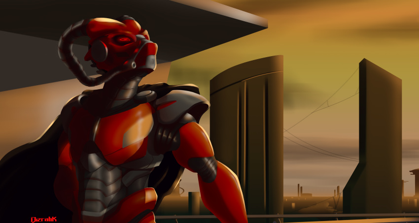 2020 absurd_res armor bionicle building cape city city_background clothed clothing detailed_background digital_media_(artwork) disturbulator front_view hi_res humanoid landscape lego looking_up machine male not_furry outside red_body red_eyes robot robot_humanoid sidorak simple_background sky solo spider_web standing