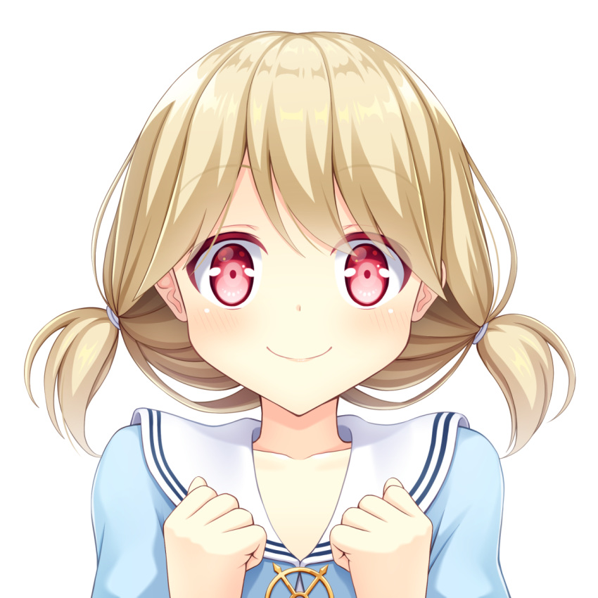 1girl bangs blonde_hair blue_serafuku clenched_hands closed collarbone commentary_request eyebrows_visible_through_hair hair_between_eyes hair_ribbon highres iwamoto_sora looking_at_viewer medium_hair original portrait red_eyes ribbon sailor_collar shiny shiny_hair simple_background smile swept_bangs twintails virtual_youtuber white_background