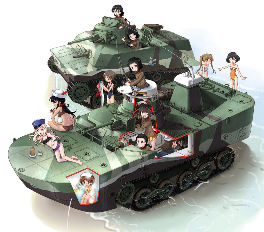 6+girls amphibious_ground_vehicle bangs bathing bc_freedom_(emblem) beach bikini black_hair black_ribbon blonde_hair blue_headwear blue_jacket bow braid brown_hair brown_jacket camera chi-hatan_(emblem) chi-hatan_military_uniform dark_skin dixie_cup_hat drill_hair emblem fishing fishing_rod girls_und_panzer glasses hair_bow hair_ribbon hair_rings hat hat_feather highres holding holding_camera holding_fish holding_fishing_rod hosomi_(girls_und_panzer) indian_style jacket katahira_masashi kepi kubota_(girls_und_panzer) long_hair long_sleeves looking_at_viewer marie_(girls_und_panzer) maruyama_saki military military_hat military_uniform miniskirt multiple_girls murakami_(girls_und_panzer) nishihara_(girls_und_panzer) nude ogin_(girls_und_panzer) one_eye_closed ooarai_military_uniform oono_aya open_mouth orange_swimsuit pleated_skirt pointing ponytail purple_bikini red_bow ribbon round_eyewear rubber_duck sakaguchi_karina short_hair single_braid sitting skirt smile special_type_2_launch_ka-mi standing strapless strapless_swimsuit swimsuit tamada_(girls_und_panzer) teramoto_(girls_und_panzer) towel towel_on_head twintails uniform utsugi_yuuki vehicle_request white_headwear white_skirt x-ray yellow_skirt