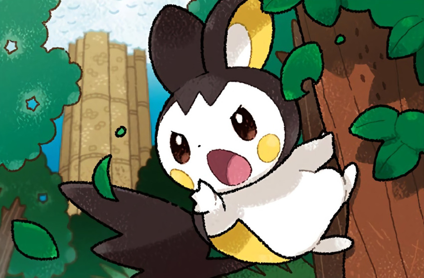 blue_sky brown_eyes commentary creature day emolga english_commentary eo_kanako full_body gen_5_pokemon multiple_sources no_humans official_art open_mouth outdoors pokemon pokemon_(creature) pokemon_trading_card_game sky solo third-party_source tree