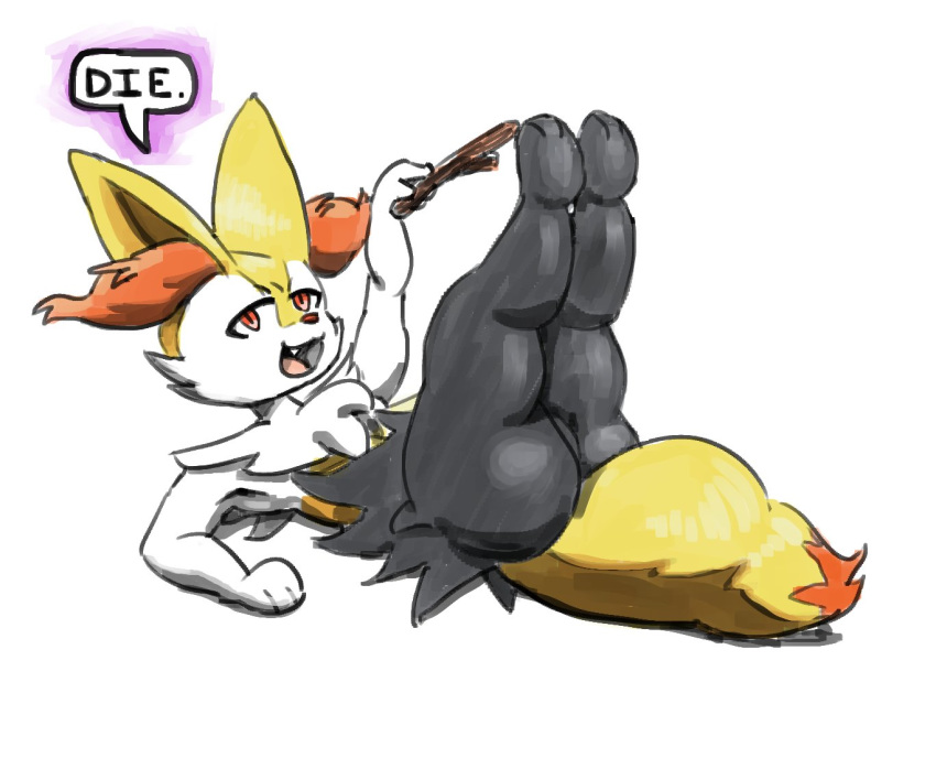 ambiguous_gender anthro braixen butt canid canine dialogue english_text featureless_crotch inner_ear_fluff legs_up looking_at_viewer lying mammal nintendo on_back oofrowdy open_mouth pok&eacute;mon pok&eacute;mon_(species) red_eyes simple_background solo stick text three-quarter_view tuft video_games white_background