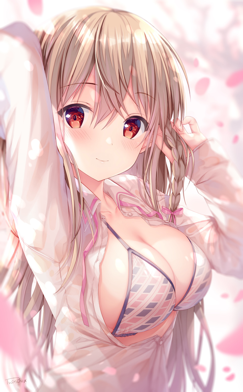 1girl absurdres arm_up bikini blurry braid breasts brown_hair buttons cleavage collarbone collared_shirt commentary_request depth_of_field hair_ribbon hand_up highres large_breasts long_hair long_sleeves looking_at_viewer maeda_shiori neck_ribbon open_clothes open_shirt original petals pink_neckwear red_eyes ribbon shirt smile solo sousouman string_bikini swimsuit upper_body white_bikini white_shirt