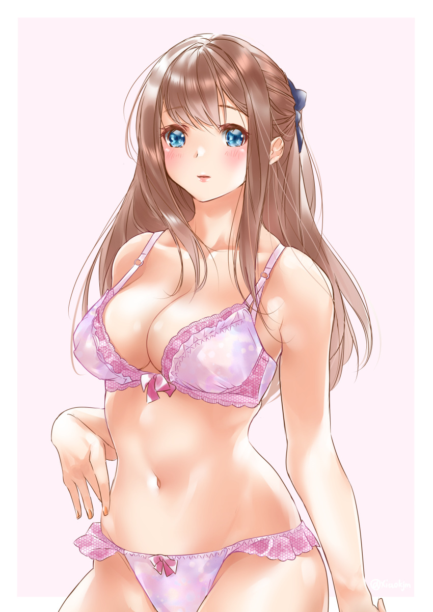 1girl bangs bare_arms blue_eyes blush bow bow_bra bow_panties bra breasts brown_hair cleavage collarbone eyebrows_visible_through_hair frill_trim hair_bow highres koji_(kojikojimdw) large_breasts lavender_bra lavender_panties long_hair loo looking_at_viewer navel original panties parted_lips sidelocks solo underwear underwear_only