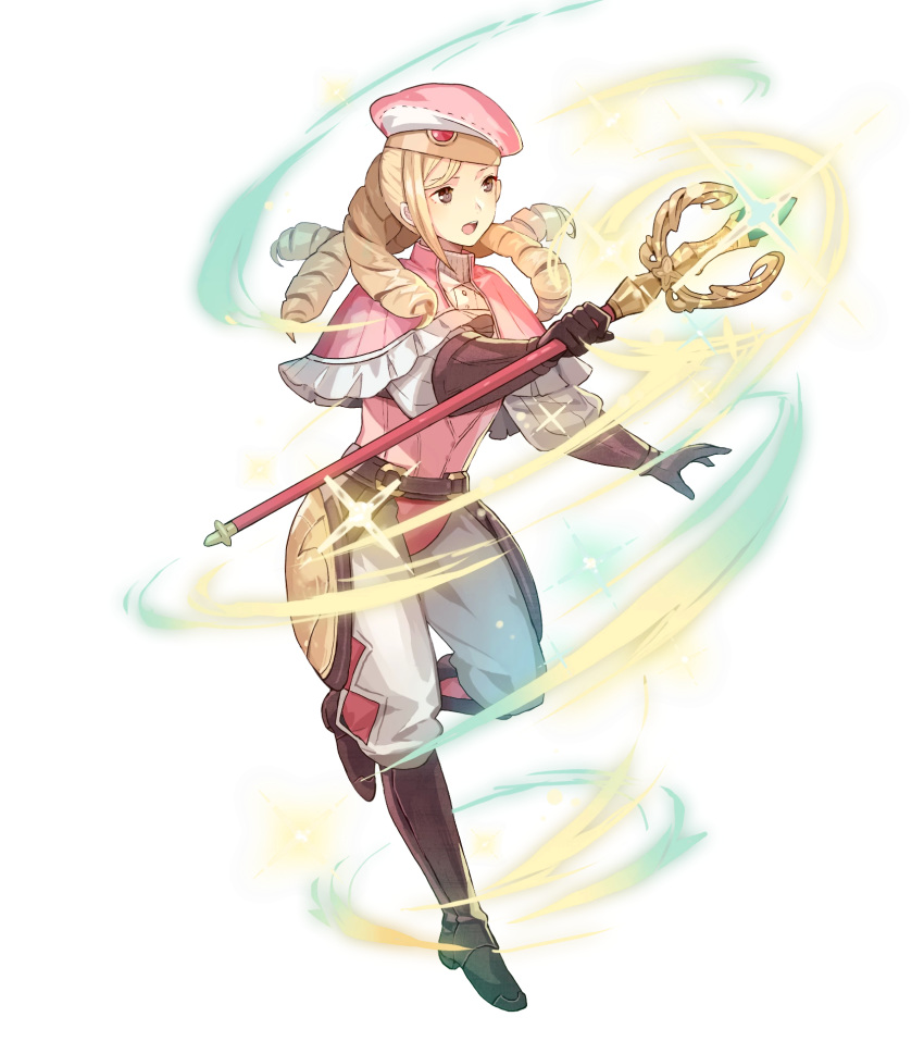 1boy belt beret black_eyes blonde_hair boots drill_hair fire_emblem fire_emblem_fates fire_emblem_heroes forrest_(fire_emblem) full_body gloves hat highres long_hair official_art open_mouth otoko_no_ko solo sparkle staff teeth tobi_(kotetsu) transparent_background