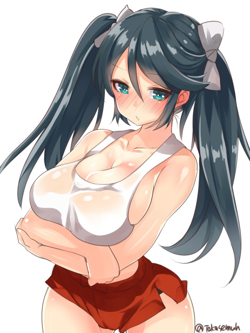 1girl bangs blue_hair blush bow breast_hold breasts cleavage collarbone commentary_request cowboy_shot crossed_arms full-face_blush green_eyes hair_between_eyes hair_bow highres huge_breasts isuzu_(kantai_collection) kantai_collection long_hair looking_at_viewer red_shorts see-through shiny shiny_skin shirt short_shorts shorts solo standing swept_bangs takase_muu tank_top twintails twitter_username white_background white_bow white_shirt