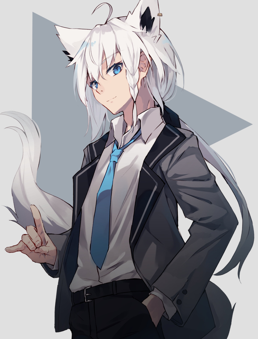 1girl absurdres ahoge animal_ear_fluff animal_ears bangs black_pants black_ribbon blue_eyes blue_neckwear braid closed_mouth collared_shirt dress_shirt ear_piercing eyebrows_visible_through_hair fox_ears fox_girl fox_shadow_puppet fox_tail grey_background grey_jacket hair_between_eyes hair_ribbon hand_in_pocket highres hololive jacket long_hair long_sleeves looking_at_viewer low_ponytail nagishiro_mito necktie open_clothes open_jacket pants piercing ponytail ribbon shirakami_fubuki shirt side_braid sidelocks smile solo tail tail_raised two-tone_background very_long_hair virtual_youtuber white_hair white_shirt