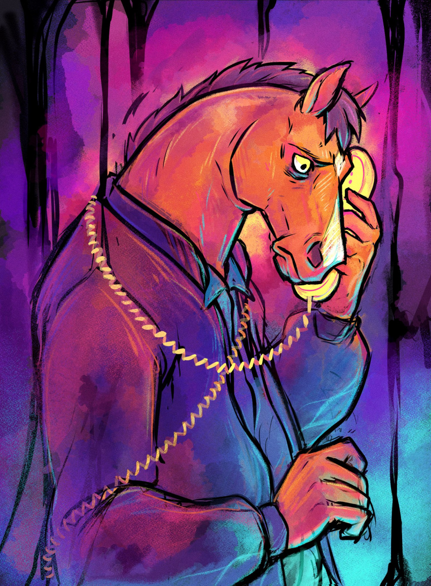 2020 anthro bojack_horseman bojack_horseman_(character) clothing diamond_(marking) equid equine grey_mane hi_res horse jacket male mammal mane netflix phone shirt solo squeed topwear