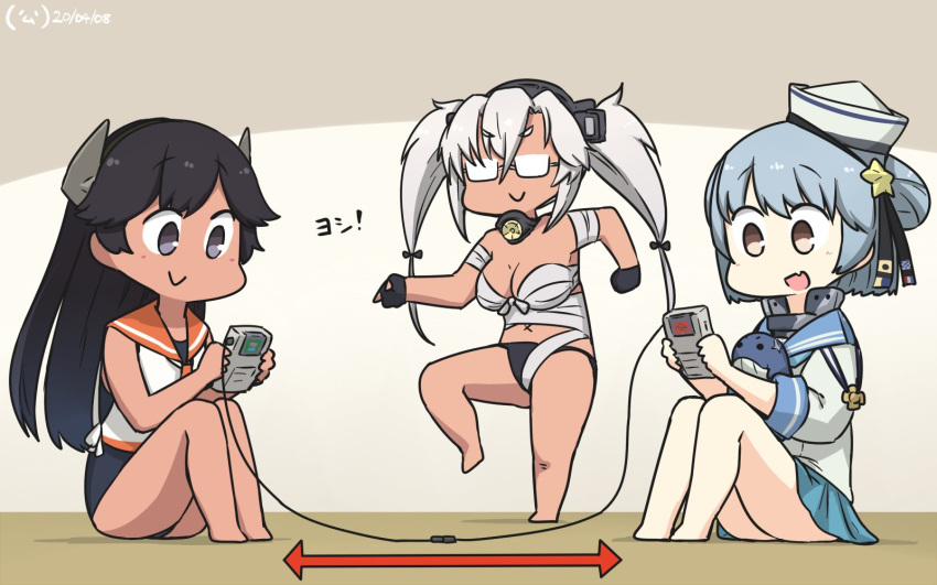 3girls bandages black-framed_eyewear black_panties black_ribbon blue_hair blue_sailor_collar blue_swimsuit budget_sarashi commentary_request dark_skin double_bun game_boy hair_tubes hamu_koutarou handheld_game_console hat hat_ribbon headgear highres i-400_(kantai_collection) indoors kantai_collection link_cable long_sleeves looking_down multiple_girls musashi_(kantai_collection) name_tag navy_cross nintendo orange_sailor_collar panties pointy_hair ribbon sailor_collar sailor_shirt samuel_b._roberts_(kantai_collection) sarashi school_swimsuit school_uniform semi-rimless_eyewear serafuku serious shirt short_hair side-tie_shirt sleeve_cuffs sleeveless sleeveless_shirt smile standing standing_on_one_leg swimsuit swimsuit_under_clothes twintails under-rim_eyewear underwear whale white_headwear white_shirt yellow_eyes