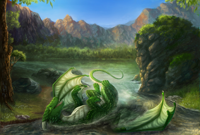 2020 4_claws absurd_res claws day detailed_background digital_media_(artwork) dragon feral full-length_portrait ghuran grass green_body green_eyes green_membrane green_scales greeny_(odisaodi) hi_res horn hydlunn leaf lying male membrane_(anatomy) membranous_wings moss on_back open_mouth outside partially_submerged portrait rock scales scalie sky smile solo spines spring teeth tongue tree water western_dragon white_body white_claws white_horn white_scales wings