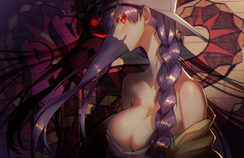 1girl asymmetrical_hair backwards_hat bangs bare_shoulders baseball_cap bb_(fate)_(all) bb_(swimsuit_mooncancer)_(fate) blush braid breasts cleavage collarbone cropped_jacket fate/grand_order fate_(series) glowing glowing_eyes graffiti hat highres jacket large_breasts long_hair looking_at_viewer off_shoulder open_mouth ota_(ota-0000) purple_hair red_eyes shadow single_braid smile tentacles very_long_hair white_bikini_top white_headwear yellow_jacket