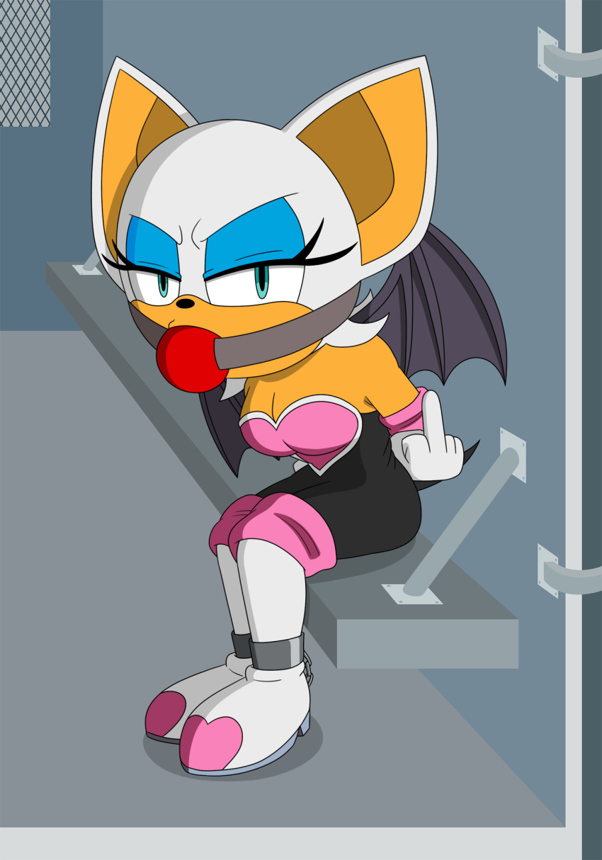 angry ball_gag bdsm bench bondage bound chiropteran female gag gesture handcuffs hi_res imightbemick looking_at_viewer mammal middle_finger rouge_the_bat shackles sitting solo sonic_the_hedgehog_(series) vehicle wings