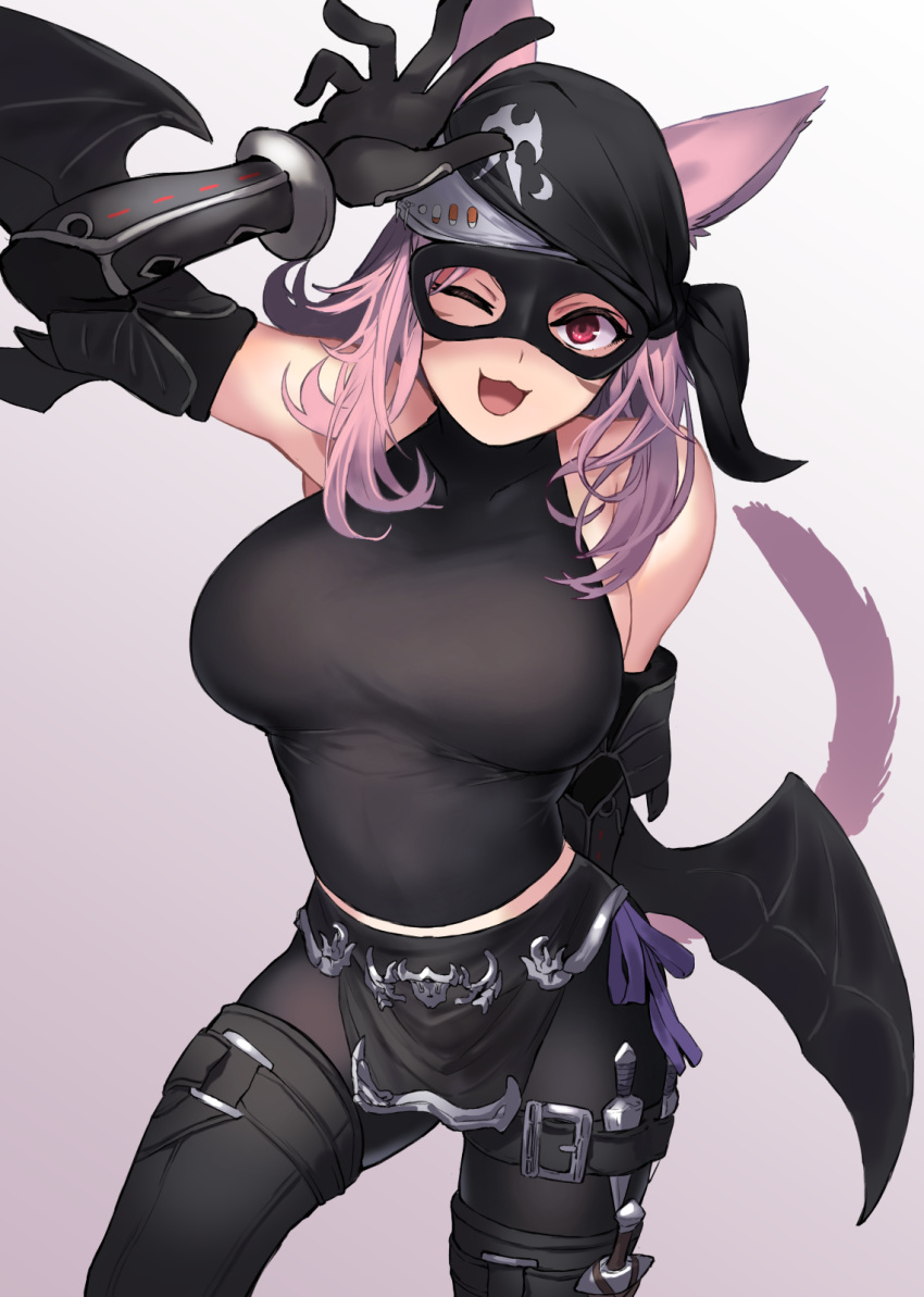 1girl animal_ears arm_up bandana bat_wings black_gloves black_pants black_shirt breasts cat_ears cat_tail cowboy_shot elbow_gloves fake_wings final_fantasy final_fantasy_xiv ganesagi gloves gradient gradient_background highres kunai large_breasts loincloth looking_at_viewer mask medium_hair midriff miqo'te one_eye_closed open_mouth pants pink_hair purple_background red_eyes salute shirt simple_background sleeveless smile solo tail taut_clothes thigh_strap weapon wings