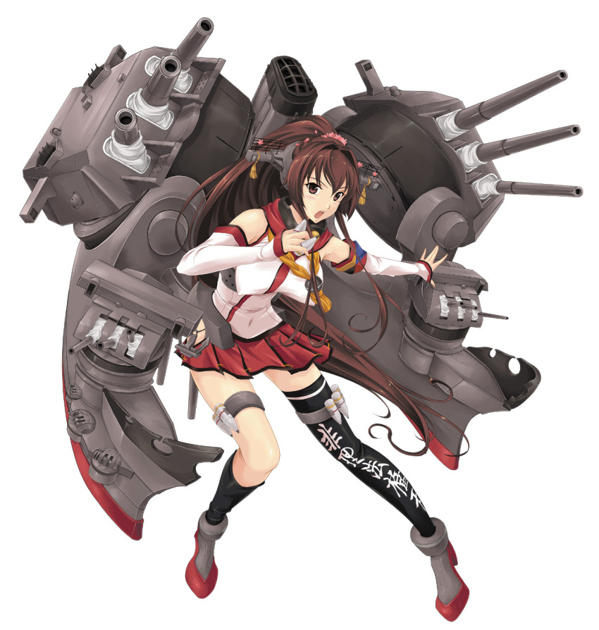 1girl anchor black_legwear breasts brown_hair cannon commentary_request detached_sleeves flower hair_flower hair_ornament headgear highres hip_vent kantai_collection large_breasts long_hair map_(blue_catty) miniskirt open_mouth pleated_skirt ponytail red_skirt rigging shell simple_background single_thighhigh skirt smokestack solo thighhighs translation_request turret white_background yamato_(kantai_collection) z_flag