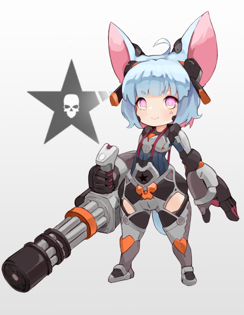 1girl ahoge animal_ears bangs blue_hair blue_shirt blush closed_mouth copyright_request eyebrows_visible_through_hair facial_mark full_body gatling_gun gradient gradient_background grey_background grey_footwear gun headgear highres holding holding_gun holding_weapon m134_minigun minigun mouse_ears multicolored_hair piliheros2000 pink_eyes pink_hair shirt short_eyebrows skull smile solo standing star thick_eyebrows two-tone_hair weapon