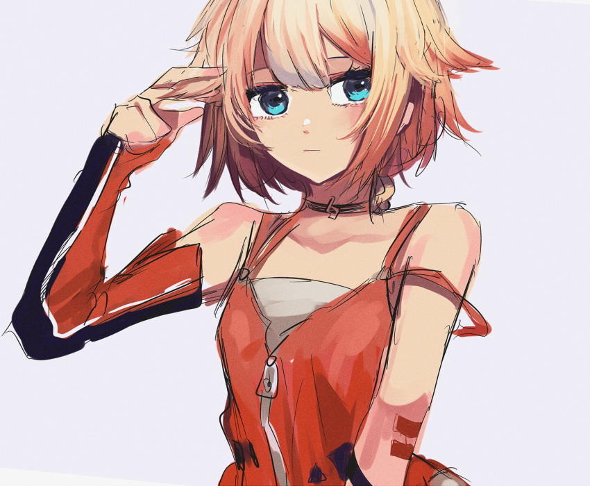 blue_eyes cevio collarbone commentary detached_sleeves expressionless gomiyama hand_up highres looking_to_the_side one_(cevio) orange_shirt orange_sleeves platinum_blonde_hair shirt short_hair sketch sleeves_past_wrists spaghetti_strap upper_body zipper