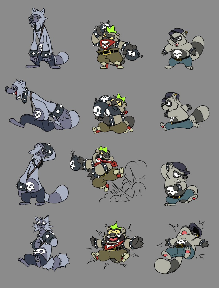 2020 anthro belly bomb bomb_boy_(breeze_in_the_clouds) bottomwear breeze_in_the_clouds clothing cute_fangs explosives fur grey_body grey_fur group hat headgear headwear hi_res lanky_goon mammal pants procyonid raccoon shorts shorty_(breeze_in_the_clouds) simple_background slightly_chubby tongue tongue_out