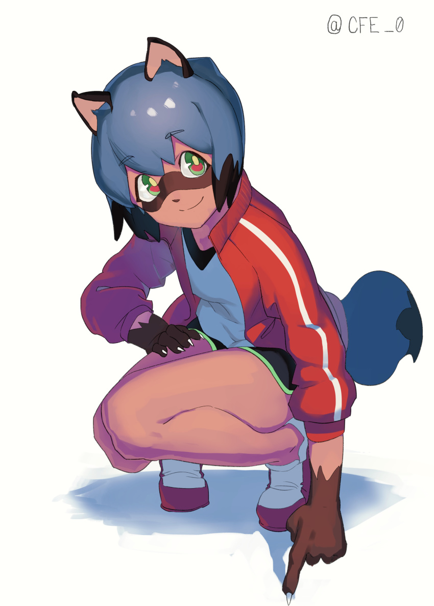 2020 absurd_res anthro black_hair blue_body blue_eyes blue_fur blue_hair brand_new_animal breasts brown_body brown_fur canid canine cfe_0 clothed clothing crouching female fluffy fluffy_tail fur hair hi_res jacket looking_at_viewer mammal michiru_kagemori multicolored_eyes multicolored_hair open_jacket raccoon_dog short_hair simple_background smile solo studio_trigger tanuki topwear