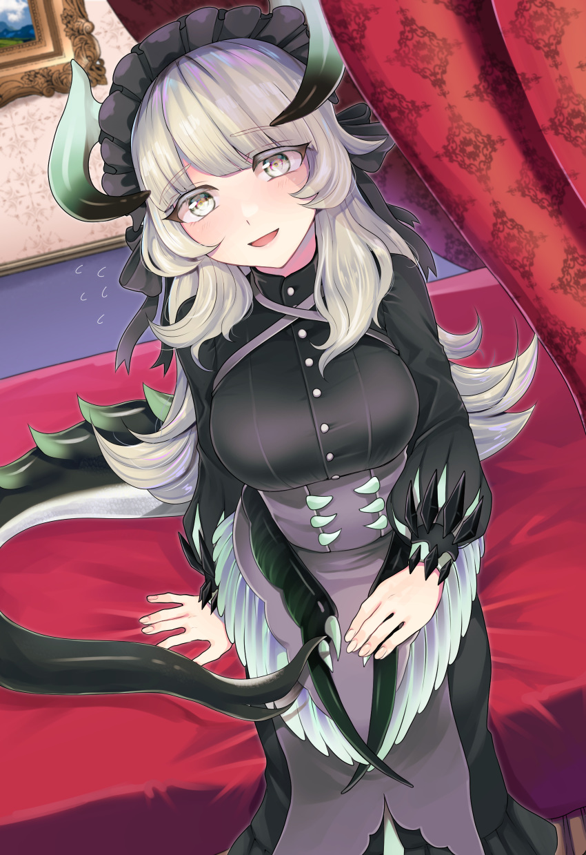 1girl :d absurdres arm_support bangs black_dress black_horns black_tail blush breasts buttons commentary_request corset cowboy_shot curtains dragon_girl dragon_horns dragon_tail dragon_wings dragonmaid_chame dress duel_monster dutch_angle eyebrows_visible_through_hair feathered_wings flying_sweatdrops four-poster_bed green_horns hand_on_lap highres horns indoors large_breasts long_dress long_hair long_sleeves looking_at_viewer maid maid_dress maid_headdress on_bed open_mouth painting_(object) popon_ta_(npopo) puffy_long_sleeves puffy_sleeves sidelocks silver_eyes silver_hair sitting sitting_on_bed smile solo tail wall wallpaper_(object) wings yuu-gi-ou