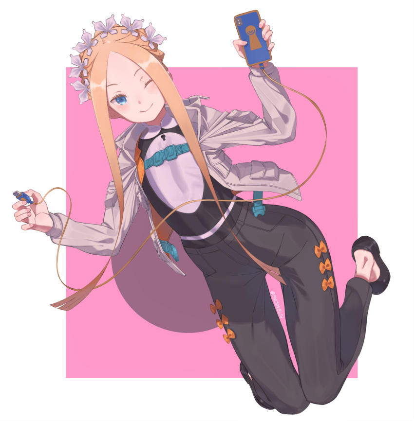 1girl abigail_williams_(fate/grand_order) adapted_costume alternate_costume bangs black_footwear black_pants blonde_hair blue_eyes border bow braid breasts cable cellphone closed_mouth fate/grand_order fate_(series) forehead french_braid full_body grey_jacket heroic_spirit_festival_outfit highres jacket keyhole long_hair long_sleeves maid_headdress multiple_bows one_eye_closed open_clothes open_jacket orange_bow pants parted_bangs phone pink_background sidelocks small_breasts smile snorkel14 solo white_border