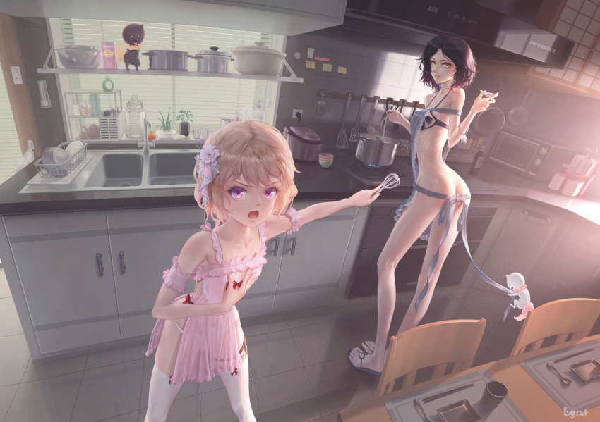 2girls :o absurdres apron armband artist_name ass bad_anatomy black_hair breasts chair choker chopsticks commentary_request cooking cup day dishes drawer dress earrings flat_chest flower hair_flower hair_ornament hand_up highres indoors iwanaga_kotoko jewelry kyokou_suiri ladle lgmt light_brown_hair light_switch long_legs looking_at_viewer multiple_girls naked_apron oven pink_dress plant pot potted_plant prosthesis prosthetic_leg reflection revision rice_cooker sakazuki sakuragawa_rikka sandals see-through shelf short_hair sink skinny small_breasts spatula spoon stove tile_floor tiles toaster_oven whisk white_legwear yellow_eyes youkai