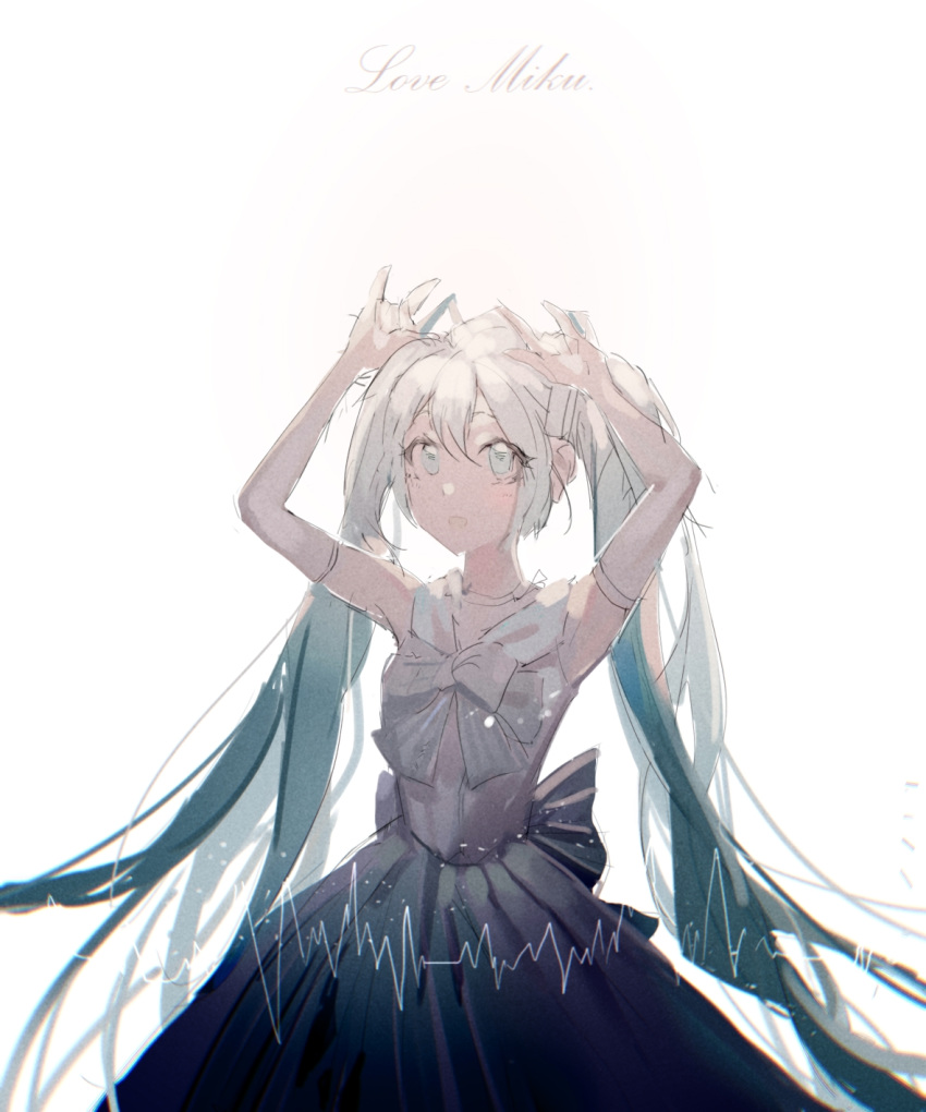 1girl aqua_eyes aqua_hair arms_up blue_skirt caibaobao_(user_ncrp5222) character_name commentary dress dress_bow english_commentary english_text hair_ornament hands_above_head hatsune_miku highres looking_up open_mouth sketch skirt smile solo sound_wave vocaloid white_background white_dress