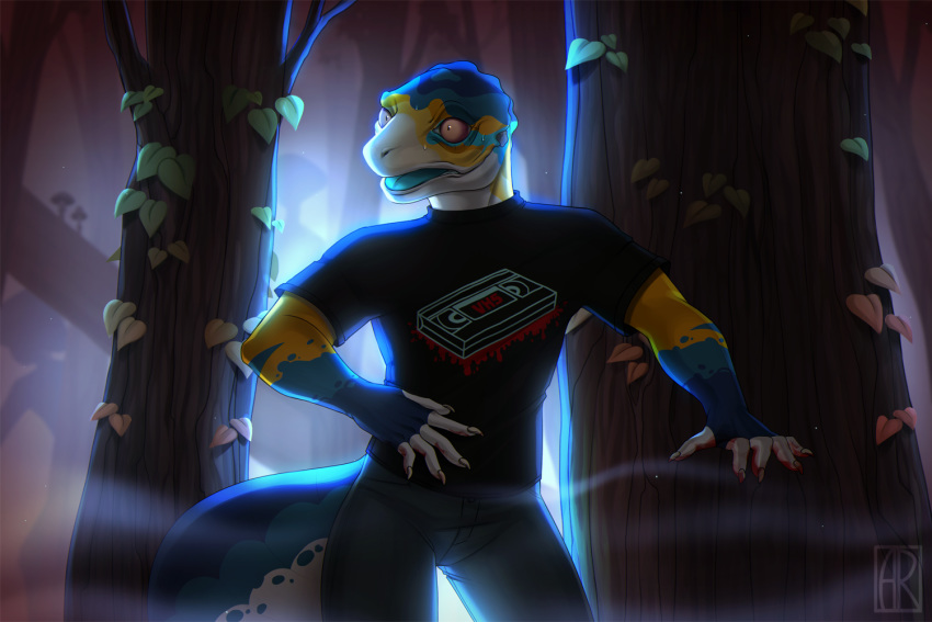 2020 3:2 5_fingers anthro clothed clothing detailed_background digital_media_(artwork) fingers forest lizard male night open_mouth outside rayley reptile scalie solo tongue tree