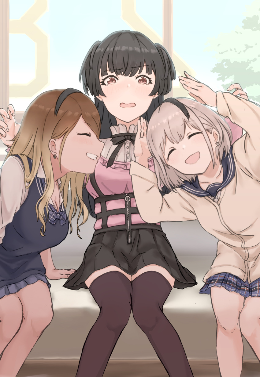 3girls :d absurdres black_hair blonde_hair blouse blush bow bowtie breasts brown_eyes brown_hair cleavage collarbone couch earrings embarrassed eyebrows_visible_through_hair frilled_blouse gradient_hair grin gyaru highres hood hoodie idolmaster idolmaster_shiny_colors indoors izumi_mei jewelry kuzuuo long_hair loose_bowtie mayuzumi_fuyuko multicolored_hair multiple_girls neck_ribbon open_mouth plaid plaid_skirt playing_with_another's_hair ribbon sailor_collar serizawa_asahi short_hair sitting skirt smile straylight_(idolmaster) suspender_skirt suspenders sweater_vest tan thighhighs tree window zettai_ryouiki zipper