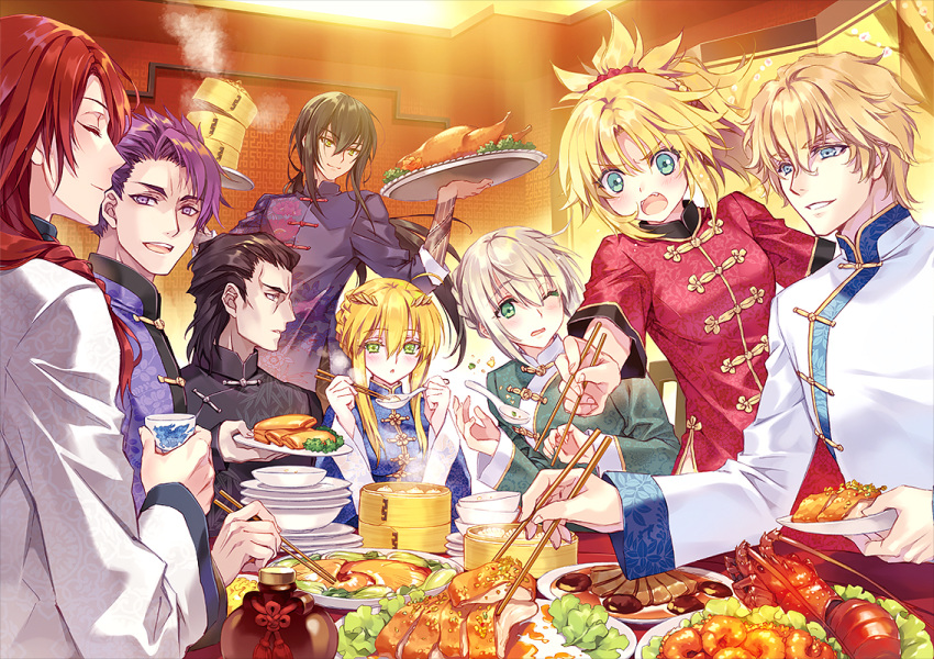 2girls 6+boys agravain_(fate/grand_order) ahoge artoria_pendragon_(all) artoria_pendragon_(lancer) bamboo_steamer bedivere black_hair blonde_hair blue_eyes carnelian china_dress chinese_clothes chinese_food chinese_text closed_eyes commentary_request dress eyebrows_visible_through_hair fate/grand_order fate_(series) food gawain_(fate/extra) green_eyes knights_of_the_round_table_(fate) lancelot_(fate/grand_order) long_hair mordred_(fate) mordred_(fate)_(all) multiple_boys multiple_girls one_eye_closed purple_hair red_hair signature silver_hair tristan_(fate/grand_order) very_long_hair yan_qing_(fate/grand_order) yellow_eyes