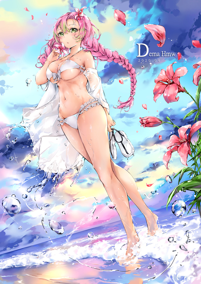 1girl bare_shoulders barefoot beach bikini braid breasts cleavage cloud day flower frills front-tie_bikini front-tie_top green_eyes hand_up hibiscus highres hmw_(pixiv7054584) holding kanroji_mitsuri kimetsu_no_yaiba large_breasts long_hair long_legs looking_at_viewer low_twintails multi-strapped_bikini multicolored_hair navel ocean off_shoulder outdoors parted_lips petals pink_flower pink_hair sandals sandals_removed see-through sky solo standing stomach string_bikini swimsuit thighs tiptoes twin_braids twintails two-tone_hair very_long_hair water wet wet_clothes white_bikini