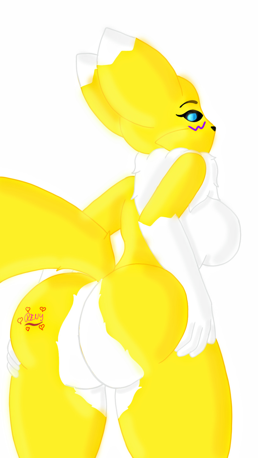 9:16 anthro breasts butt canid canine digimon digimon_(species) female fur hi_res looking_at_viewer looking_back mammal nude presenting presenting_hindquarters rear_view renajon renamon simple_background solo white_background white_body white_fur yellow_body yellow_fur