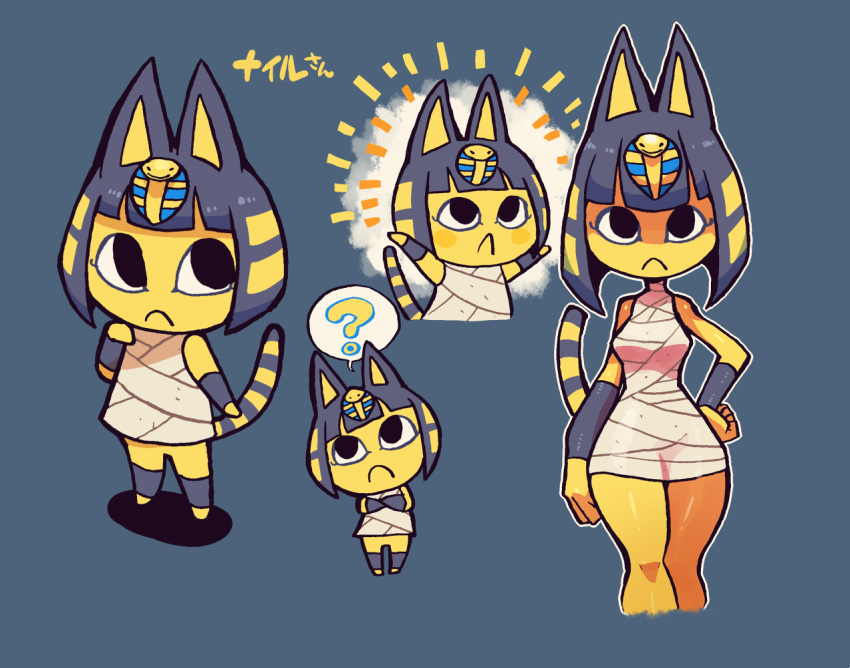 1girl :&lt; ? animal_ears bandages bare_shoulders blush blush_stickers bob_cut character_name closed_mouth commentary doubutsu_no_mori dress egyptian emphasis_lines english_commentary eyeshadow hair_ornament hand_on_hip jackal_ears looking_at_viewer makeup nile_(doubutsu_no_mori) outline rariatto_(ganguri) short_dress short_hair snake_hair_ornament solo spoken_question_mark standing striped_tail tail white_outline wristband yellow_skin