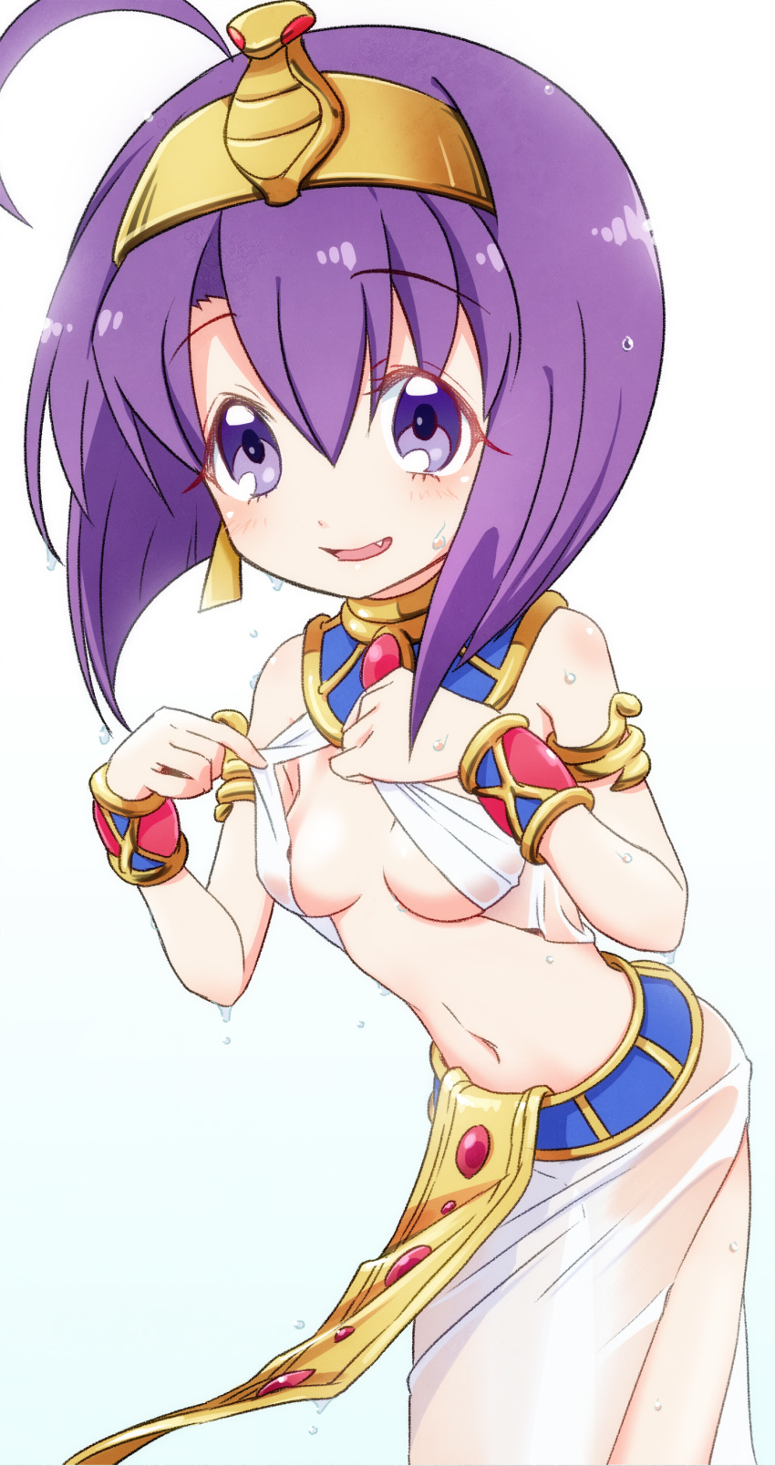 1girl absurdres ahoge blush breasts earrings egyptian_clothes eyebrows_visible_through_hair fang hair_ornament hairband highres jashin-chan_dropkick jewelry medusa_(jashin-chan_dropkick) navel open_mouth purple_eyes purple_hair sat-c see-through shiny shiny_hair shiny_skin short_hair simple_background small_breasts solo wet wet_clothes white_background