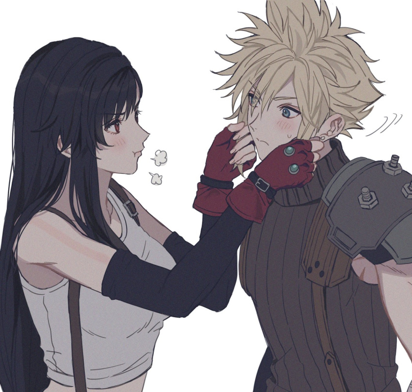 1boy 1girl arm_warmers black_hair blonde_hair blue_eyes blush breasts closed_mouth cloud_strife ear_piercing english_commentary eyebrows_visible_through_hair eyes_visible_through_hair final_fantasy final_fantasy_vii fingerless_gloves gloves hair_between_eyes hands_on_another's_face highres humiyooo large_breasts lips long_hair looking_at_another midriff motion_lines piercing pout profile red_eyes red_gloves ribbed_shirt shirt short_hair shoulder_armor simple_background sleeveless sleeveless_shirt spiked_hair straight_hair strap suspenders tank_top tifa_lockhart turtleneck upper_body white_background white_tank_top